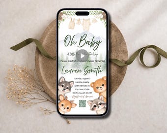 森の動物をテーマにしたベビーシャワーのモバイル招待状、Oh Baby、編集可能、森の動物、アニメーションビデオ招待状、WhatsAppテキストで送信、即時ダウンロード