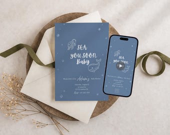 Sea You Soon ベビーシャワー招待状セット、海の生き物招待状、編集可能なCanvaテンプレート、即時ダウンロード、SMS経由