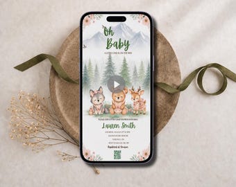 Oh Baby Woodland ベビーシャワー招待状、アニメーション付き森の動物たち、編集可能なCanva、デジタル送信、即時ダウンロード