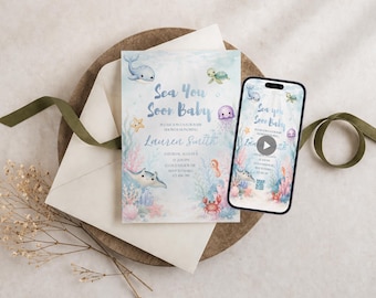 Sea You Soon ベビーシャワーバンドル、印刷可能＋モバイルアニメーション招待状、海の生き物、Canva編集可能、即時ダウンロード