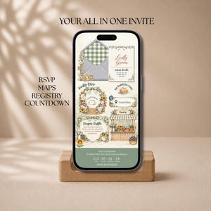 May include: A smartphone displaying a digital invitation template with a farm-themed design. The screen features text including YOUR ALL IN ONE INVITE, RSVP, MAPS, REGISTRY, COUNTDOWN, and various illustrations of envelopes, baskets, and a market stall.