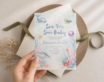 Sea You Soon ベビーシャワー招待状（女の子向け）、オーシャンベビーシャワー招待状、アンダーザシーベビーシャワー、編集可能なCanvaテンプレート、即時ダウンロード