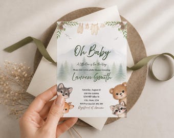 森の動物をテーマにしたベビーシャワー招待状、Oh Baby編集可能Canvaテンプレート、ボヘミアン風の森の動物たち、女の子と男の子向け