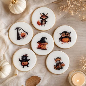 Könnte beinhalten: Sechs runde weiße Kekse mit goldenen Rändern, jeder mit einer anderen Halloween-Illustration: ein Geist mit Kürbis, ein Fuchs mit Hexenhut, eine Eule, ein Bär mit Kürbis, ein Kürbis mit Hut und ein Waschbär mit einem Kürbis.