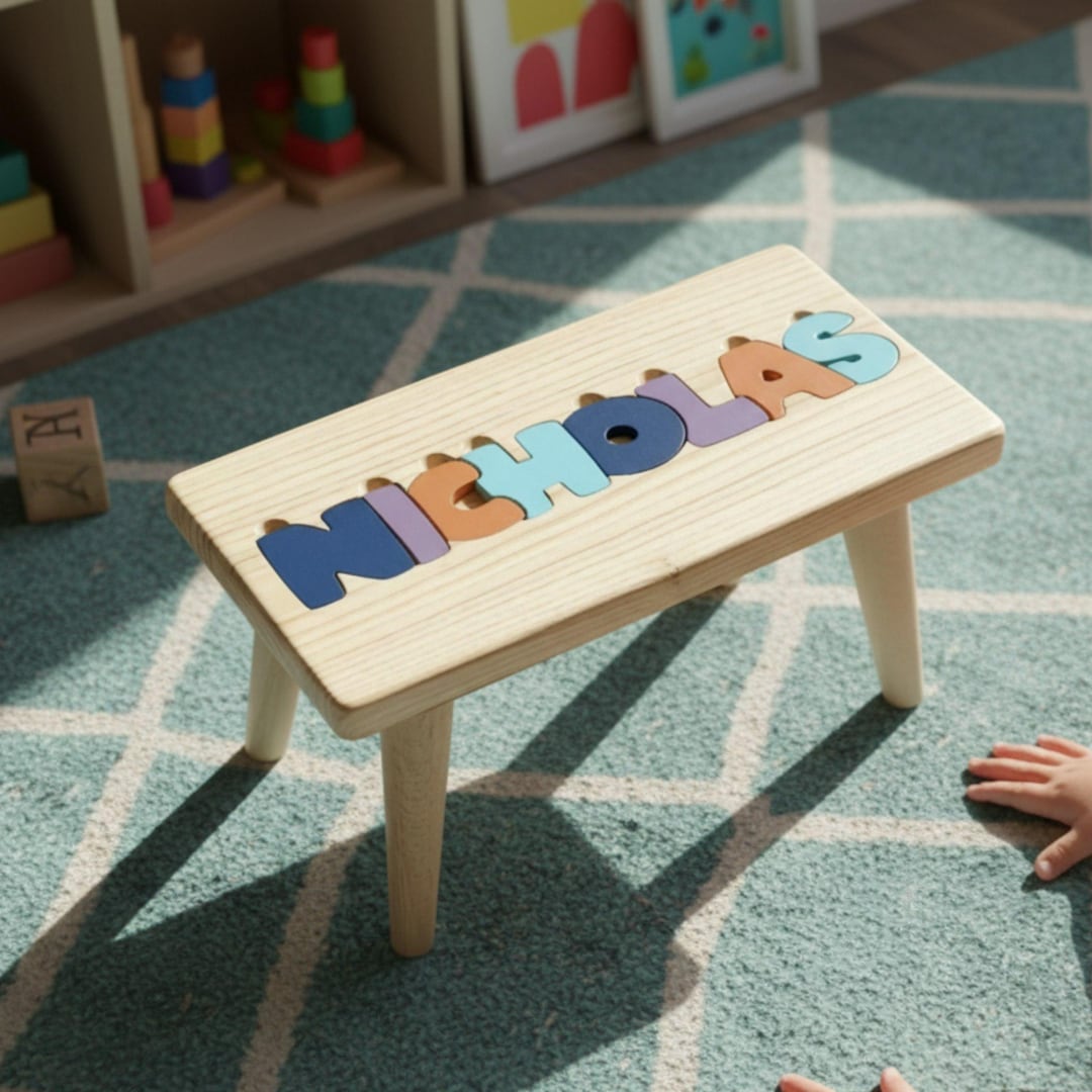Personalized Name Puzzle Stool, Montessori Wooden Step Stool for ...