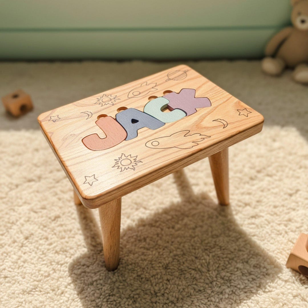 Spell Chestnut Handmade Chestnut Name Puzzle Step Stool | Thick Wood Letters Bench ...