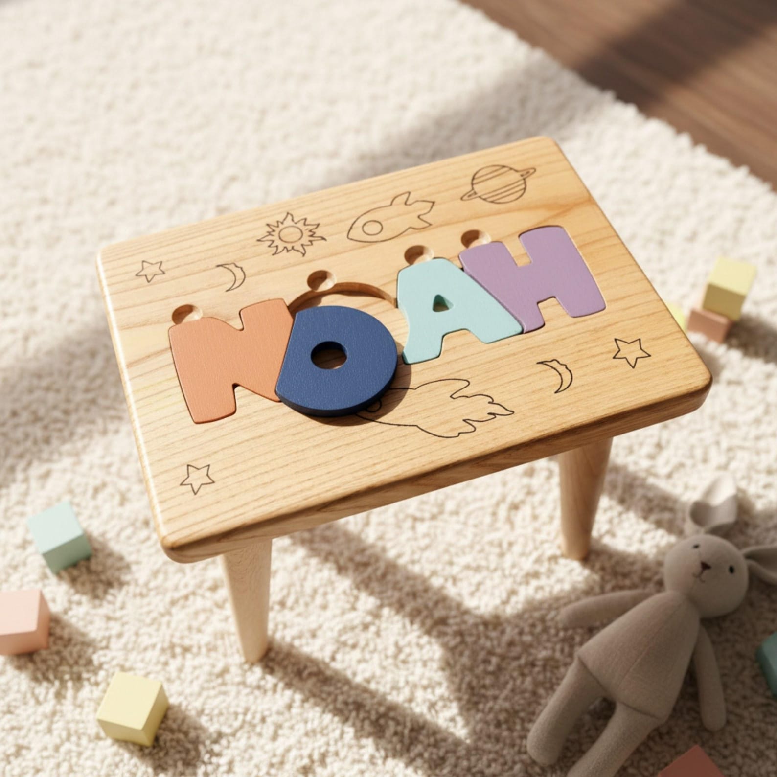 Personalized Name Puzzle Stool, Montessori Wooden Step Stool, Nursery ...