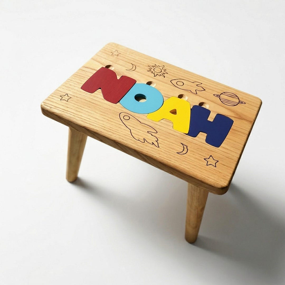 Personalized Name Puzzle Stool, Montessori Wooden Kids Step Stool ...
