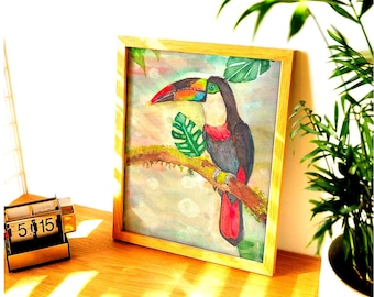 Aquarelkunstdruk toekan, decor tropisch regenwoud
