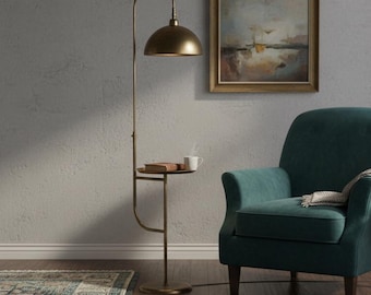 Aged Brass Arc Floor Lamp with Tray Table | Reading Light | Mid Century Modern | Living Room Bedroom Lamp | Handmade Floor Light