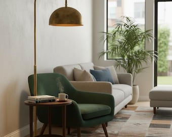 Aged Brass Arc Floor Lamp with Tray Table | Reading Light | Mid Century Modern | Living Room Bedroom Lamp | Handmade Floor Light