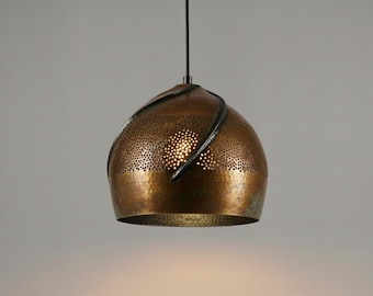 Lampa wisząca z postarzanej miedzi, młotkowana kopuła, lampa sufitowa w kolorze złotym, lampa wisząca do kuchni, wyspy, jadalni, ręcznie robiona metalowa oprawa