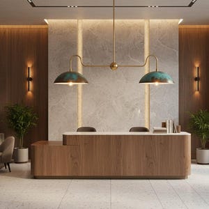 Può includere: Una moderna area reception con un bancone in legno, una parete in marmo e due lampade a sospensione color turchese. Lo spazio presenta un'area salotto, piante in vaso e ampie finestre, creando un'atmosfera accogliente. Il bancone misura circa 200 cm di lunghezza.