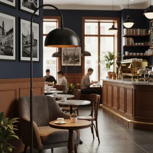 Op de afbeelding: Interieur van een café met donkerblauwe muren, houten lambrisering en zwart-wit ingelijste foto's. Een zwarte vloerlamp met een kap verlicht een zithoek met een grijze fauteuil en een kleine houten tafel. Andere tafels en stoelen zijn zichtbaar.