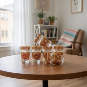 May include: A set of six clear glass tea glasses with gold and red decorative patterns. The glasses are arranged on a round wooden table, with some standing upright and others tilted or lying down. The design features a sunburst pattern.