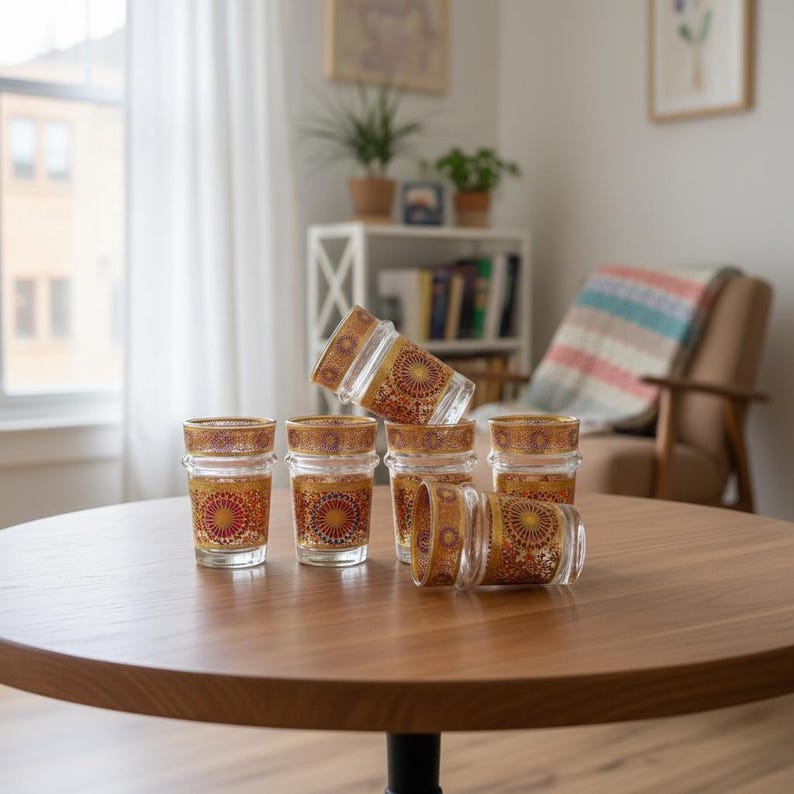 May include: A set of six clear glass tea glasses with gold and red decorative patterns. The glasses are arranged on a round wooden table, with some standing upright and others tilted or lying down. The design features a sunburst pattern.