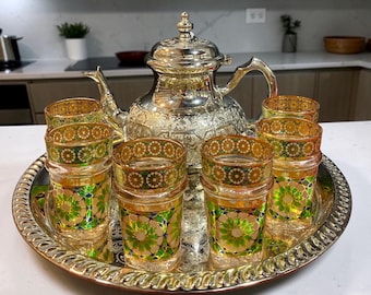 Moroccan Tea Set Handmade, Traditional Moroccan Teapot with 6 Glasses and Tray, Gold Moroccan Tea Service, Moroccan Mint Tea Set, Moroccan H