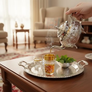 Peut inclure: Un service à thé en argent avec des motifs complexes verse du thé dans un verre. L'ensemble comprend une théière, un plateau de service, deux verres et un petit bol de feuilles de menthe. Le thé est de couleur ambre chaud.