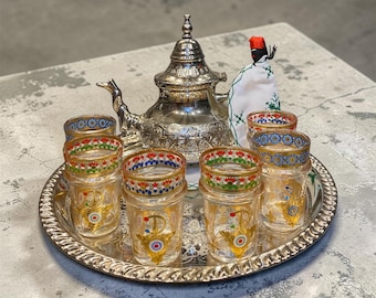 Hand-Painted Moroccan Tea Set - 6 Colorful Gold-Trimmed Glasses, Engraved Silver Teapot & Round Serving Tray - Authentic Arabian Nights Deco