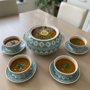 Peut inclure: Une table dressée avec une grande soupière et quatre bols assortis, tous remplis de soupe. La soupière et les bols présentent un motif géométrique blanc et turquoise. La soupe est garnie d'une tranche de citron et d'herbes fraîches.