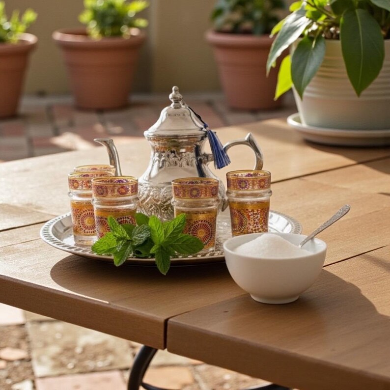 May include: A silver tea set with a decorative teapot, six patterned glasses, and a serving tray. Fresh mint and a bowl of sugar with a spoon are also on the wooden table. The tea set is outdoors.