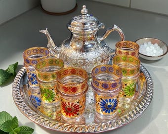 Moroccan Tea Set Handmade, Silver Teapot with 6 Moroccan Tea Glasses, Tray and Sugar Bowl, Moroccan Mint Tea Set, Moroccan Tea Gift, Morocca