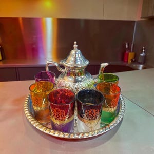 Moroccan Tea Set with Silver Teapot & 6 Multicolor Hand-Painted Tea Glasses, Serving Tray, Moroccan Mint Tea Set, Boho Decor, Hostes