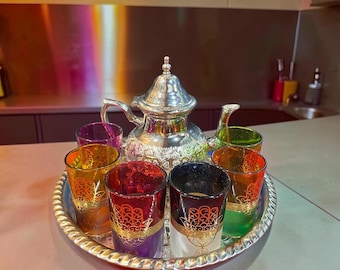 Vintage Moroccan Tea Set with Silver Teapot & 6 Multicolor Hand-Painted Tea Glasses, Serving Tray, Moroccan Mint Tea Set, Boho Decor, Hostess