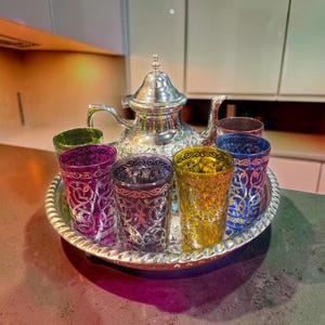 Vintage Moroccan Tea Set with Silver Teapot & 6 Multicolor Hand-Painted Tea Glasses, Serving Tray, Moroccan Mint Tea Set, Boho Decor, Hostes