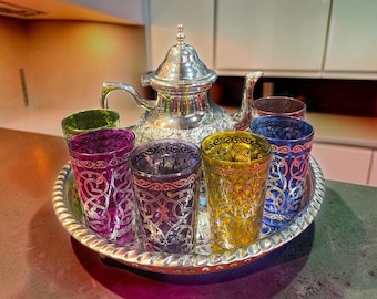 Vintage Moroccan Tea Set with Silver Teapot & 6 Multicolor Hand-Painted Tea Glasses, Serving Tray, Moroccan Mint Tea Set, Boho Decor, Hostess