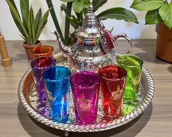 Luxury Handcrafted Tea Service for 6 - Multi-Colored Protective Hamsa Glasses - Ornate Silver Teaware - Unique Housewarming Gift
