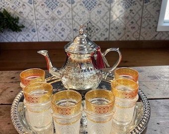Juego de té marroquí hecho a mano – Tetera de plata con 6 vasos y bandeja – Juego tradicional marroquí para servir té – Idea de regalo – Decoración del hogar