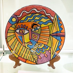 Hand-Painted Moroccan Decorative Plate | Abstract Face Ceramic Wall Art | Colorful Modern Pottery Plate | Handmade Home Decor
