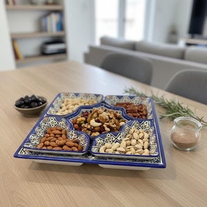 Moroccan Handmade Ceramic Snack Tray Set – Blue Geometric Serving Platter with 6 Compartments – Traditional Zellige Design – Nuts & Appetize