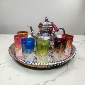Moroccan Tea Glass Set with Tray, Colorful Gold Decor Glasses, Handmade Serving Set, Traditional Moroccan Tea Cups, Gift Idea