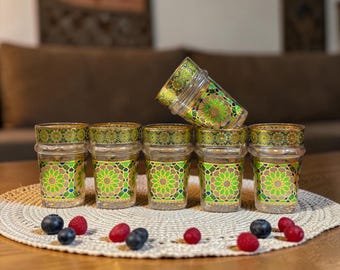 Juego de 6 vasos de té marroquíes hechos a mano – Tazas de té marroquíes de menta verde y oro – Cristalería tradicional marroquí – Juego de té marroquí – Juego de té marroquí
