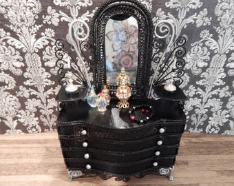 Gothic Black Dresser with Decor Victorian Ornate Dollhouse Furniture Miniature Vanity Dollhouse Dresser