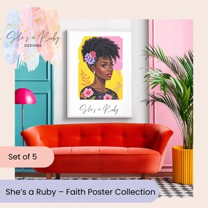 May include: A framed art print featuring a portrait of a Black woman with an afro, adorned with flowers. The artwork is set against a yellow and pink backdrop. The print is part of the "She's a Ruby - Faith Poster Collection".