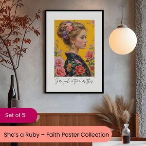 May include: Framed art print depicting a woman with floral hair and a kimono, set against a yellow backdrop with pink flowers. The print includes the text "For such a time as this."