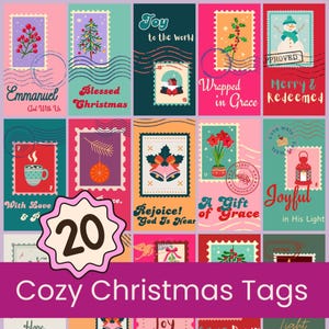 Op de afbeelding: Een verzameling van 20 gezellige kerstlabels met verschillende ontwerpen. Elk label bevat feestelijke afbeeldingen zoals een kerstboom, bessen en een sneeuwpop. De labels bevatten zinnen als "Joy to the World" en "Merry & Redeemed".