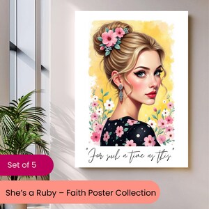 För en tid som denna kristen väggkonst | Uppmuntrande poster för kvinnor | Trostryck, set om 5 | Feminin bibeldekor | Hon är en rubin