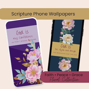Puede incluir: Dos smartphones que muestran fondos de pantalla florales con escrituras. Uno presenta flores rosas y el texto "Dios es mi confianza". El otro muestra flores blancas y rosas con el texto "Dios es el Alfa y la Omega". La frase "Floral Collection" también es visible.