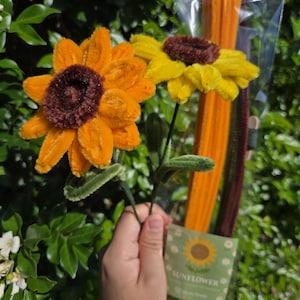 Op de afbeelding: Twee handgemaakte zonnebloemen met oranje en gele bloemblaadjes en bruine centra. De stelen zijn groen en de bloemen worden in een hand gehouden. Een verpakking met oranje en bruine pijpenragers is zichtbaar op de achtergrond. Het label luidt "Sunflower".