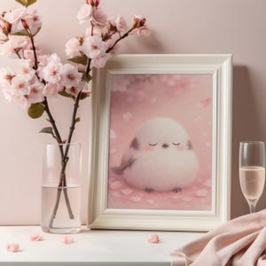 以下が含まれることがあります： ピンクの花びらが舞うピンク色の背景に、目を閉じたふわふわの白い鳥が描かれた額入りのプリント。ピンクの花が入ったガラスの花瓶と、ピンク色の飲み物が入ったシャンパンフルートも写っています。