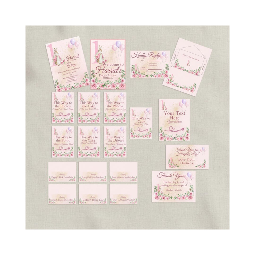 Flopsy Bunny 1st Birthday Full Bundle, Editable Canva Stationery ...
