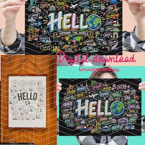May include: A black chalkboard-style poster featuring the word HELLO in large white letters, surrounded by colorful illustrations of global landmarks, flags, and international greetings in various languages, with a globe replacing the letter O.