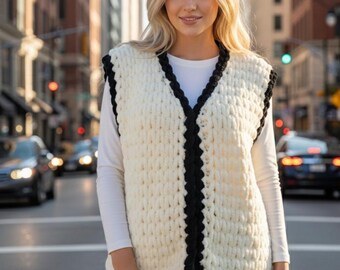 Modern Fluffy/Puffy Knit Sweater Vest,With Black Contrast Detail, Featuring,Minimalist Chic ,Striped