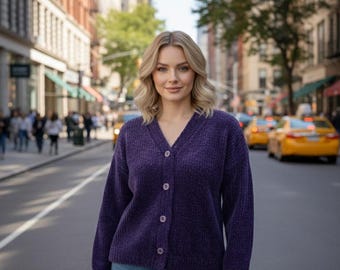 Soft Textured, FrontButtoned, Purple Velvet Cardigan Model, Knitted Long Sleeve ,Buttoned, Chenille