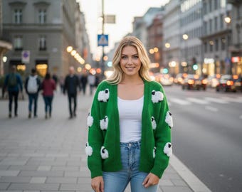 Handmade Lamb Knit Cardigan, 3D Green Sweater, Boho Chic,Crochet Gardigan,Oversize Comfortable Cardigan