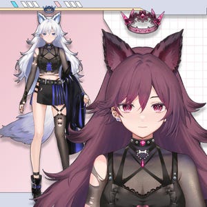 以下が含まれることがあります： 長い紫色の髪と狐の耳を持つキャラクターのアニメスタイルのイラスト。キャラクターはチョーカーと王冠が付いた黒い衣装を着ています。2枚目の画像は、白い髪と狐の尻尾を持つキャラクターの全身像を示しています。